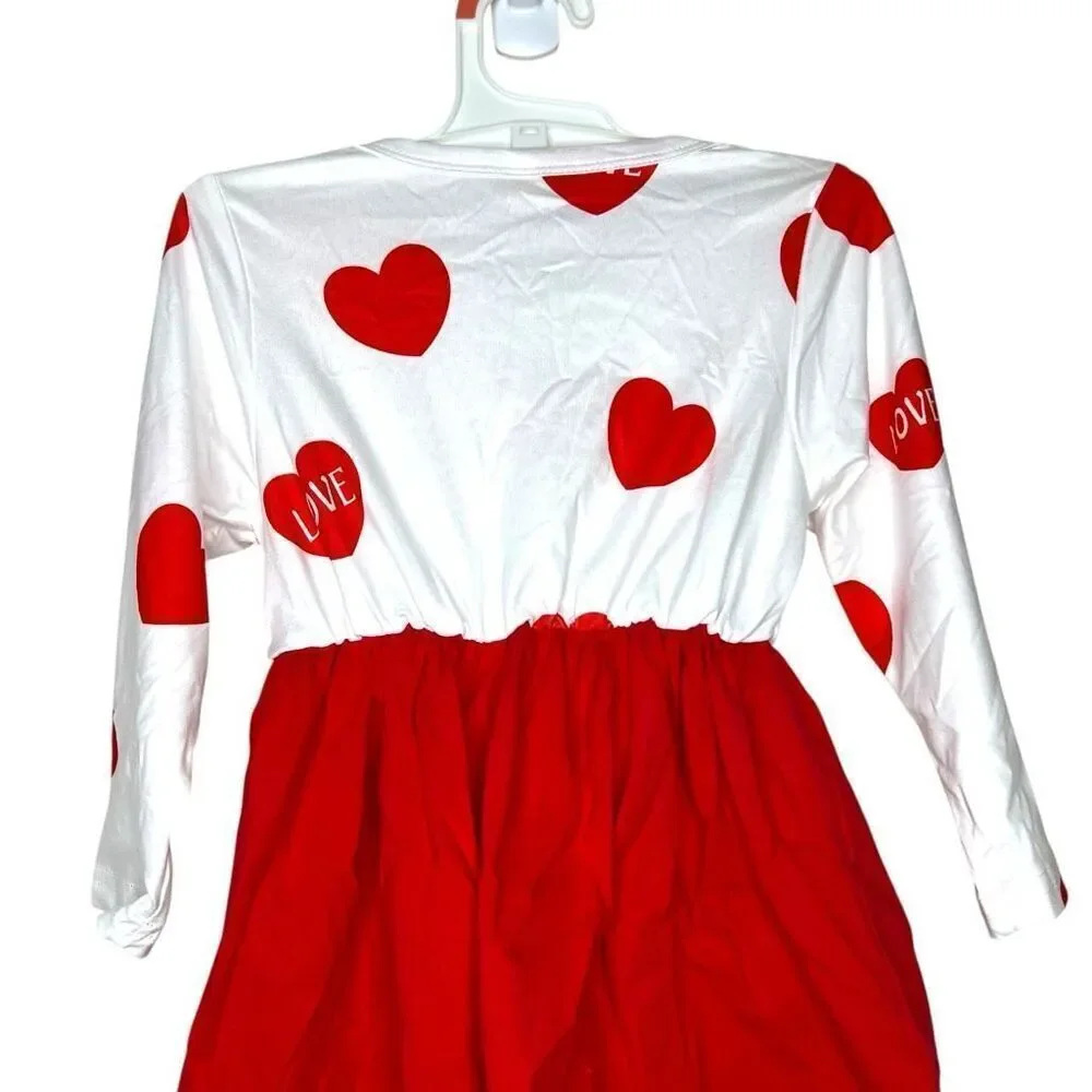 Girls Valentine Outfit Long Sleeve Heart Top with Red Suspender Bow Skirt Size 1